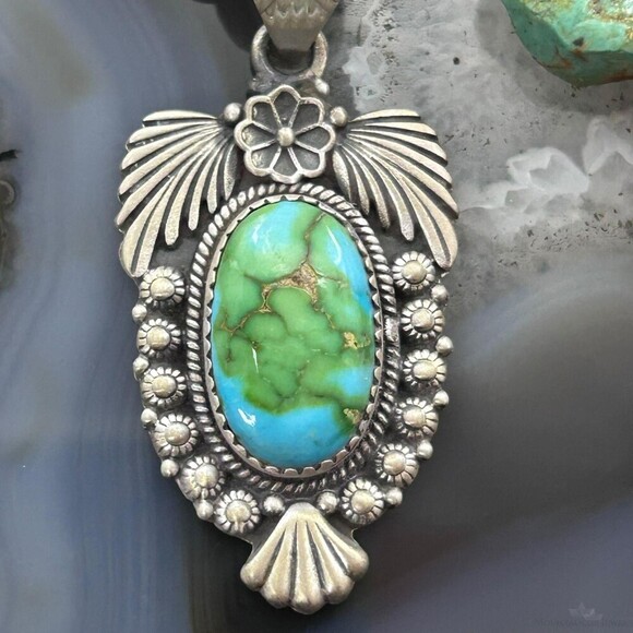 Sterling Southwestern Style Oval Sonora Gold Turquoise Leaves Decorated Pendant - Picture 6 of 10